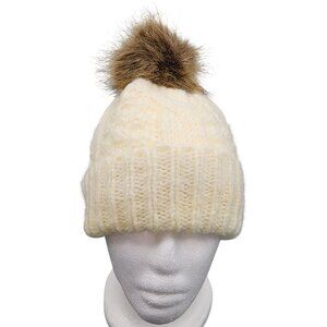 Women's J Francis Cable Knit Toboggan Hat Faux Fur Pom Pom Winter Wear Acrylic